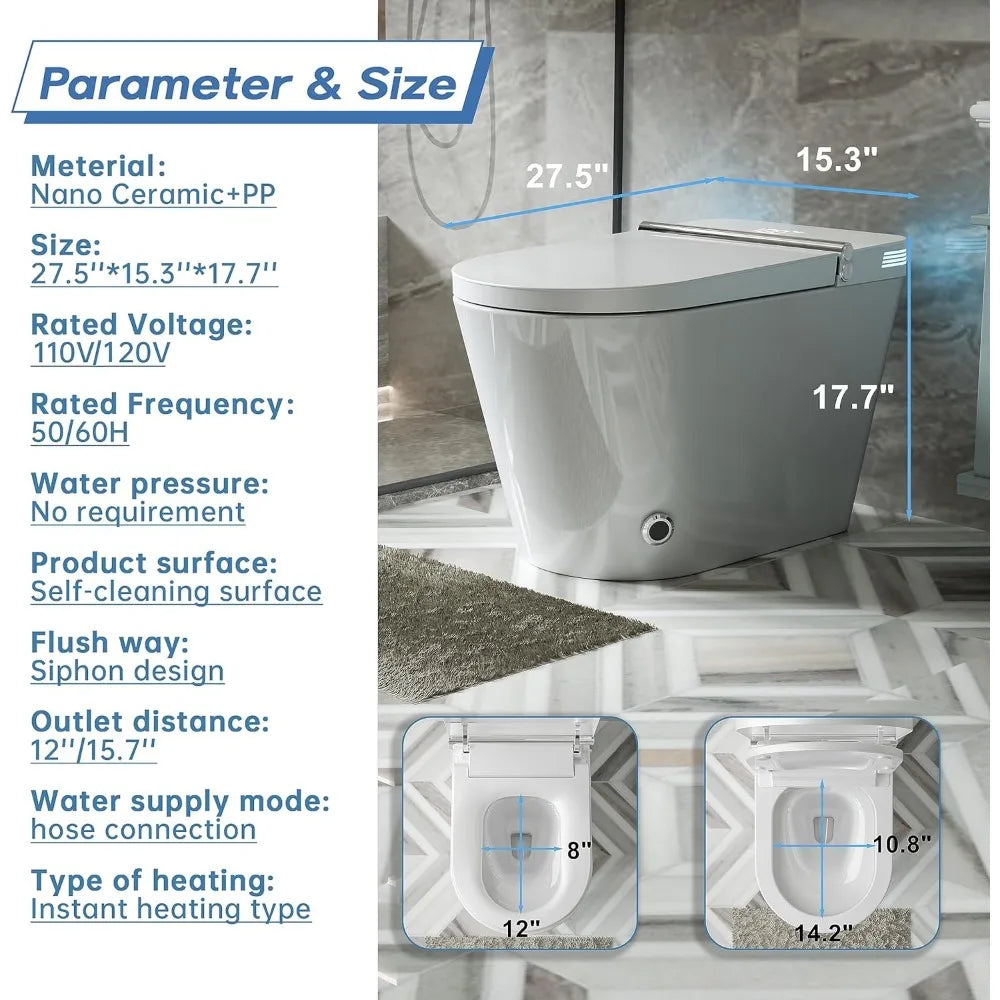 Smart Toilet, Foot Sensing Modern Toilet Bidet Combo with Auto Flush, Remote Control Warm Water, Heated Bidet Seat, Dryer